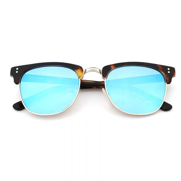 Women metal blue lens natural half frame acetate sunglasses with rivet - Image 4