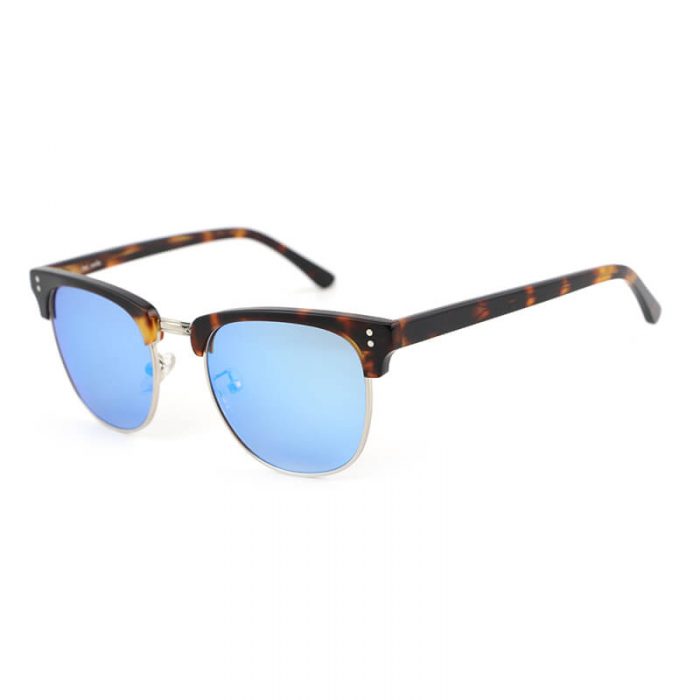 Women metal blue lens natural half frame acetate sunglasses with rivet