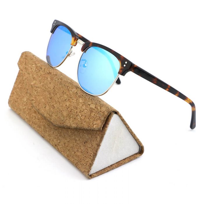 Women metal blue lens natural half frame acetate sunglasses with rivet - Image 2